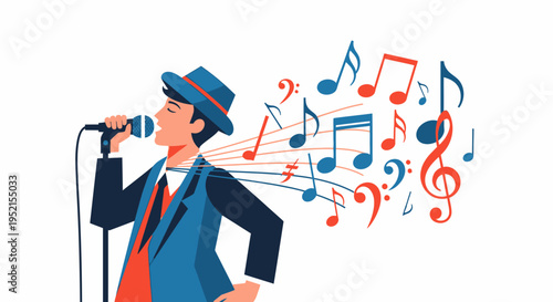 Man Singing into Microphone Energetically.