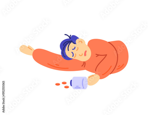 Illustration of a man unconscious on the floor due to a drug overdose. Unconscious due to taking the wrong medication or taking illegal drugs. Consuming too much medication. Flat style character