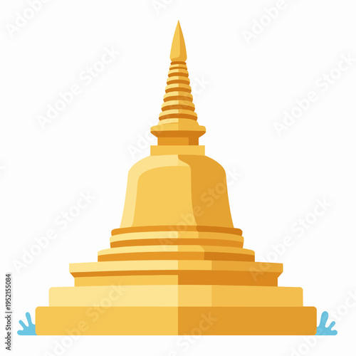 Single golden Thai pagoda chedi illustration for Songkran Festival, traditional Southeast Asian Buddhist architecture icon in flat vector style, isolated on white background for travel and culture.