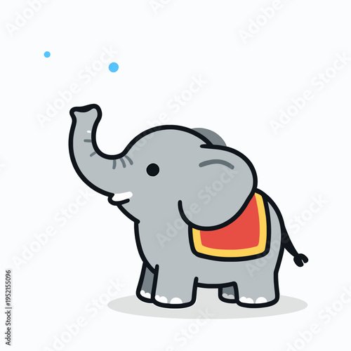 Happy Thai elephant with a decorative red and yellow saddle spraying a splash of water from its trunk, flat vector illustration for Songkran Festival celebration, isolated on white background.