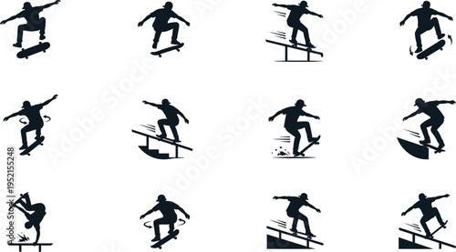 Professional Skateboarding Trick Icon Set Featuring Kickflip Ollie Boardslide Heelflip and Various Skateboarder Action Silhouettes with Labels