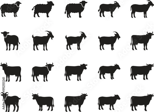 Farm animals silhouettes: sheep, goat, cow