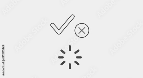 Icon set of checkmark cross and loading symbol on a white background