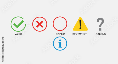 Icon set of symbols representing validation information and status