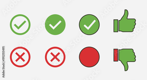 Iconic symbols of correct and incorrect with check mark and thumbs up