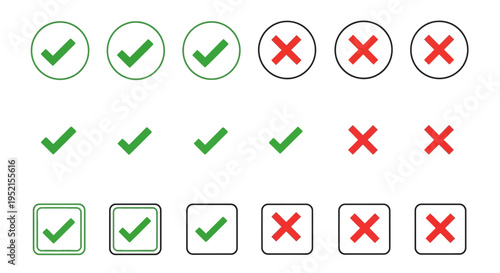 Selection icons checkmarks and cross marks in circles and squares vector