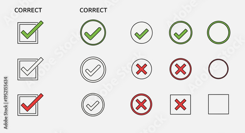 Selection of green check marks and red cross marks in various shapes