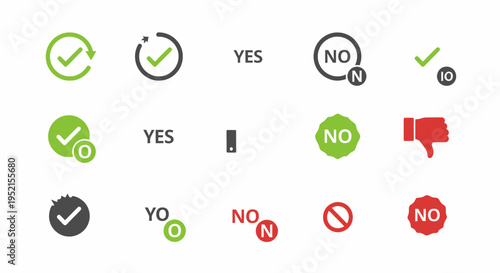 Set of approval and disapproval icons and symbols in various designs