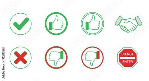 Set of approval and disapproval icons in green and red colors