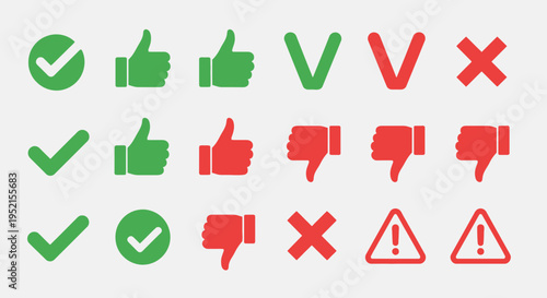 Set of approval and disapproval icons in green and red with checkmarks thumbs up and down symbols