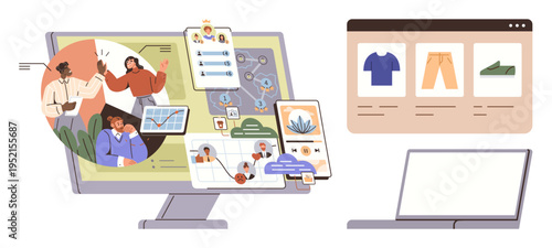Collaboration, e-commerce, digital workflow, teamwork, online platforms, virtual management. A computer screen displays teamwork and e-commerce interfaces. Collaboration and e-commerce digital