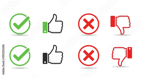 Set of approval and disapproval symbols including checkmarks thumbs up and down