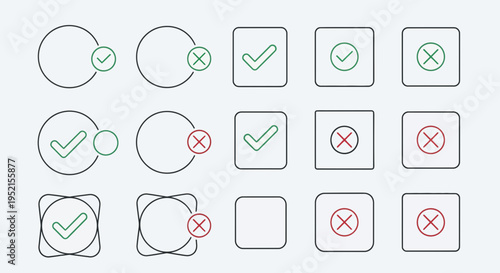 Set of check marks and cross signs symbols on white background
