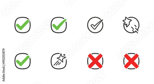 Set of check marks and crosses icons in modern style