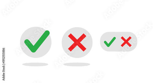 Set of check marks and crosses in circles and rectangular shapes