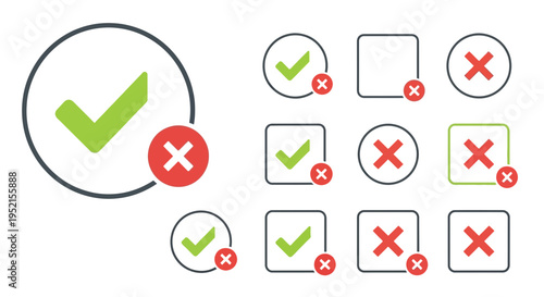 Set of check marks and crosses in circles and squares for design