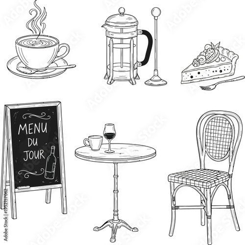 Vintage furniture and tea set illustrations