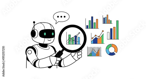 Robot Analyzing Financial Charts and Data with Magnifying Glass, Illustrating Business Intelligence and Analytics