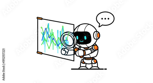 A charming robot with a magnifying glass examines a colorful line graph, representing data analysis and technological insight
