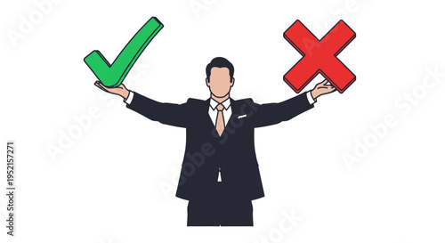 Businessman holding a green checkmark and red cross in his hands, representing choice and decision making