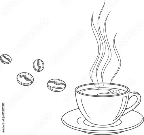 Steaming cup of coffee with floating coffee beans