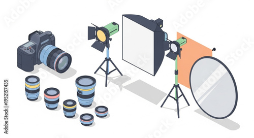 Photography studio equipment and camera gear illustration.