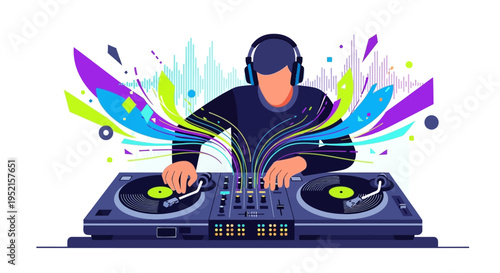 Young man wearing headphones DJing music.