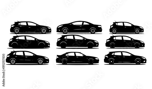 Modern hatchback car silhouette vector set with sleek side profile automotive design isolated on white