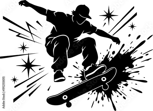 Dynamic monochromatic graphic of a skateboarder doing kickflip mid air with abstract splash
