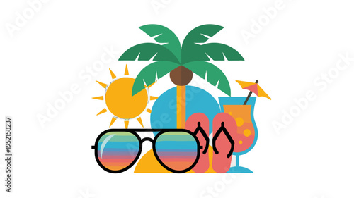 Summer vibes illustration: a cheerful composition featuring essential elements for relaxation and fun.