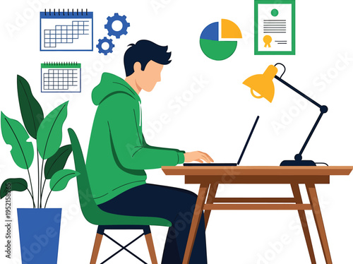 Man working on laptop computer in office with plants and cha