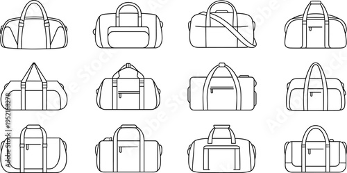 Flat vector duffel bag line art, twelve unique travel luggage illustration set