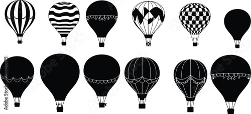 Set of twelve hot air balloon silhouettes and patterned designs, showcasing decorative stripes, zigzags, checkerboard, scalloped edges, and solid black variations
