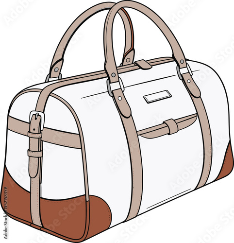 Flat vector stylish duffel bag, fashion travel luggage with leather strap design