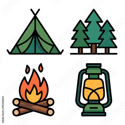 Camping icons of tent, pine trees, bonfire, and a lamp.