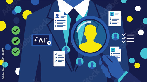 AI Recruitment Concept with Businessman Using Magnifying Glass to Screen Candidates Vector