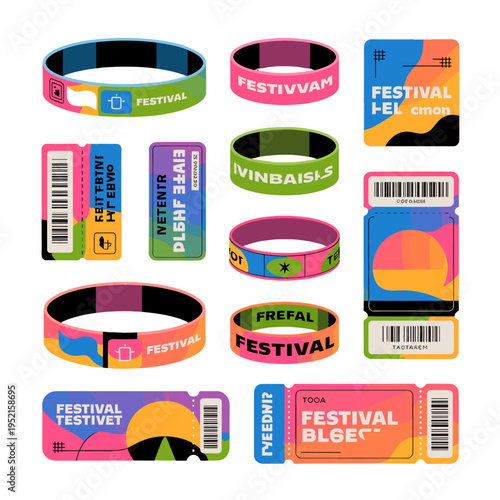 Colorful festival tickets and wristbands.