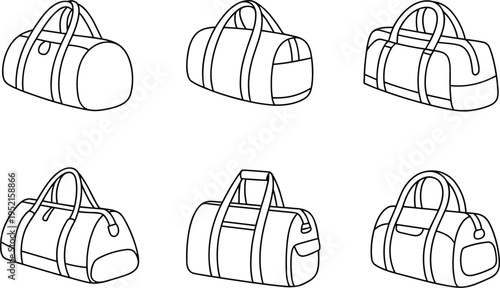 Flat vector duffel bag line art, minimalist travel luggage illustration set