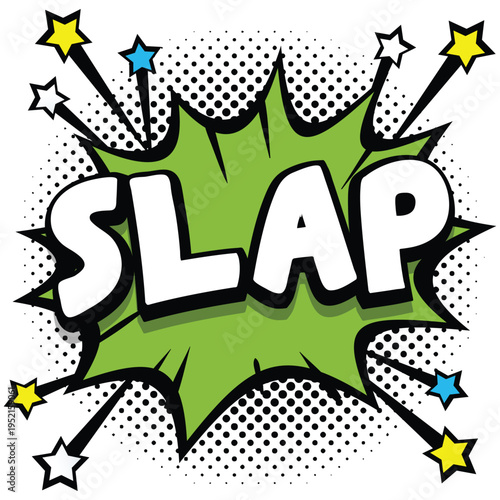 A comic book style illustration of the word SLAP in a green explosion