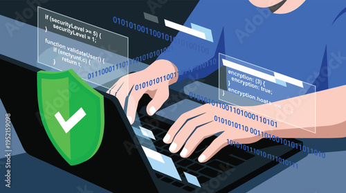 Cyber Security Protection and Data Encryption Concept with Programmer Typing Vector