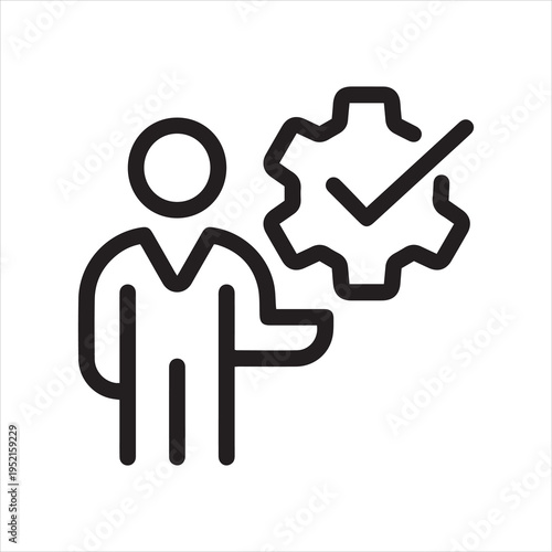 Business presentation, learning meeting, training lesson outline icon. Line sign man holding gear, cogwheel. Vector isolated pictogram for web and app on white background editable stroke.