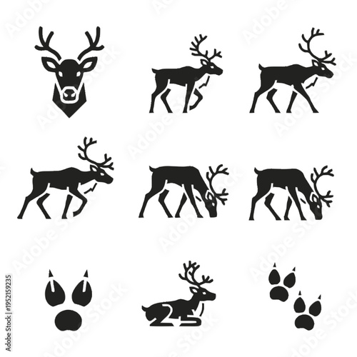 Set of black reindeer silhouettes including a frontal head with antlers, walking and grazing poses, a resting deer, and animal hoof track icons isolated on a white background.