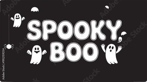 Whimsical 'Spooky Boo' Text with Playful Ghosts and Spider Illustration on Dark Background for Halloween Celebration