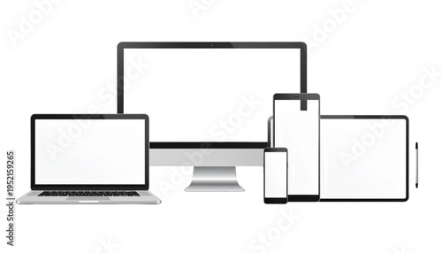 Laptop Phone Desktop Mockup – Clean Silver Devices on White Background Vector