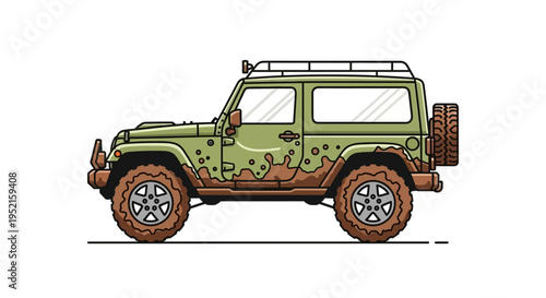 Muddy green jeep with roof rack on white background