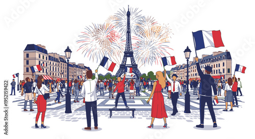 Illustration of a lively Parisian street scene with people celebrating and waving French flags in front of the Eiffel Tower with fireworks exploding in the background.
