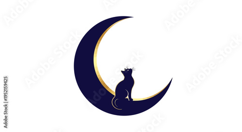 Cat sitting on crescent moon with gold outline looking up