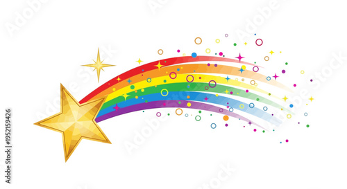 Golden star shooting rainbow with colorful sparks and confetti