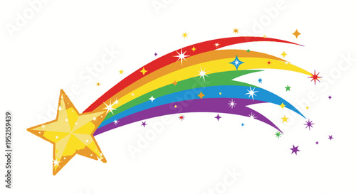 Golden star shooting through a vibrant rainbow with colorful sparks