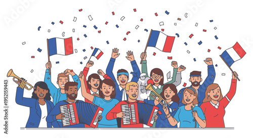 Illustration of diverse people celebrating with French flags and confetti in a joyful scene with a festive mood.